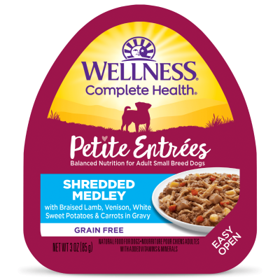Wellness Small Breed Petite Entrees Shredded Medley with Braised Lamb, Venison, White Sweet Potatoes & Carrots in Gravy Wet Dog Food 12x3oz