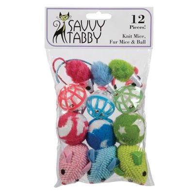 Savvy Tabby Knit Mice, Fur Mice & Ball Cat Toys - 12 pk