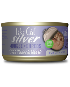 Tiki Cat Silver Senior Mousse & Shreds Chicken, Duck & Duck Liver Recipe in Broth Canned Cat Food