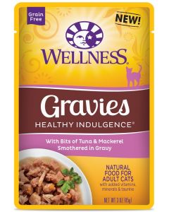 Wellness Healthy Indulgence Gravies Grain Free Bits of Tuna & Mackerel Smothered in Gravy Cat Food Pouches 24 x 3 oz