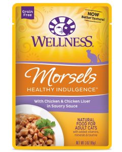 Wellness Healthy Indulgence Morsels Grain Free Chicken & Chicken Liver in Savory Sauce Cat Food Pouches 24 x 3 oz