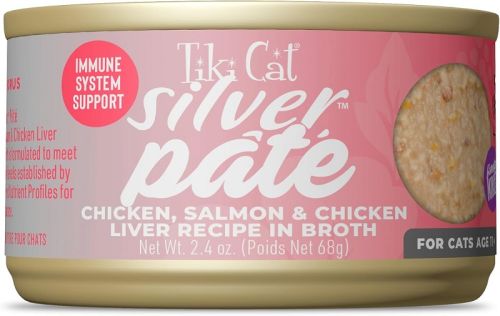 Tiki Cat Silver Pate Chicken, Salmon and Chicken Liver Recipe In Broth Canned Cat Food - 12x2.4oz