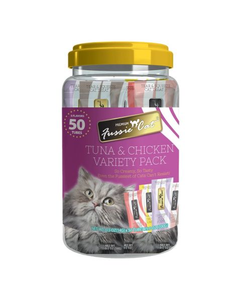 Fussie Cat Tuna & Chicken Puree Variety Pack Lickable Cat Treats - 50 Tubes