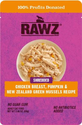 RAWZ Shredded Chicken Breast, Pumpkin and New Zealand Green Mussels Recipe Cat Food Pouches - 8x2.46oz