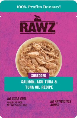RAWZ Shredded Salmon, Aku Tuna and Tuna Oil Recipe Cat Food Pouches - 8x2.46oz