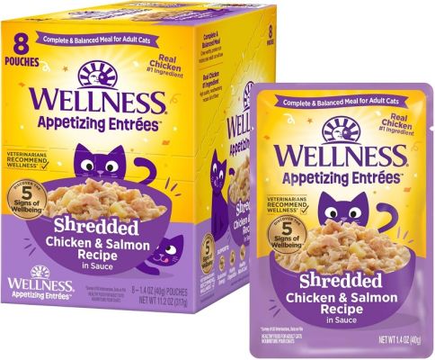 Wellness Appetizing Entrees Shredded Chicken and Salmon In Sauce Recipe Cat Food Pouches - 8 x 1.4oz