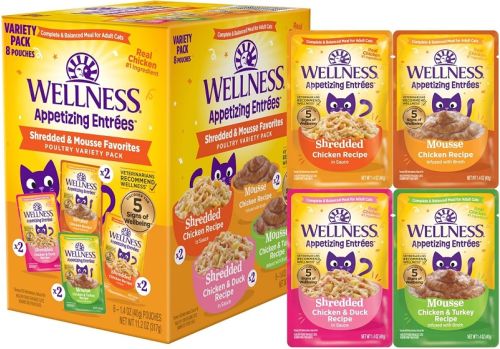 Wellness Appetizing Entrees Shredded and Mousse Poultry Variety Pack Cat Food Pouches - 8 x 1.4oz
