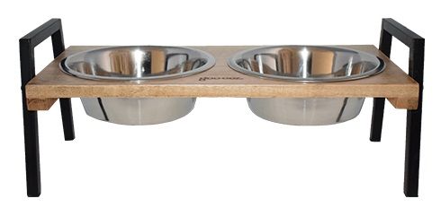 Goo-eez Mango Wood and Metal Double Feeder with Stainless Steel Bowls
