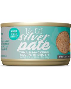 Tiki Cat Silver Pate Tuna and Mackerel Recipe In Broth Canned Cat Food - 12x2.4oz