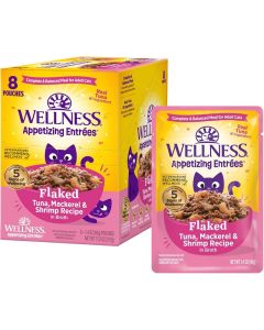 Wellness Appetizing Entrees Flaked Tuna, Mackerel and Shrimp Recipe Cat Food Pouches - 8 x 1.4oz - BB Date: Dec 2026
