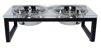 Goo-eez Acrylic and Iron Double Feeder with Hammered Stainless Steel Bowls
